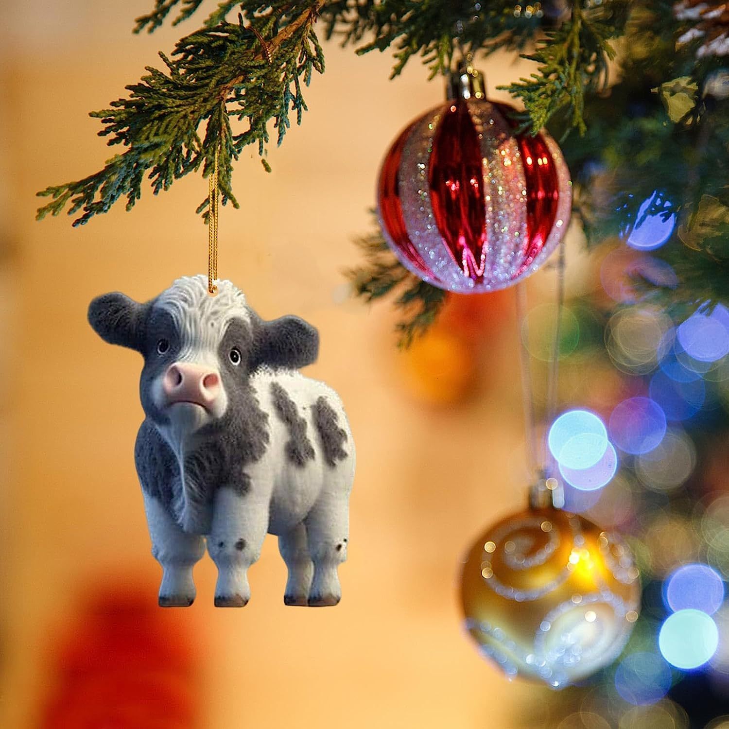 New 1Pc Acrylic Pendant Cute Cow Xmas Tree Hanging Ornaments Christmas Decorations For DIY Home Navidad Gift New Year 2023