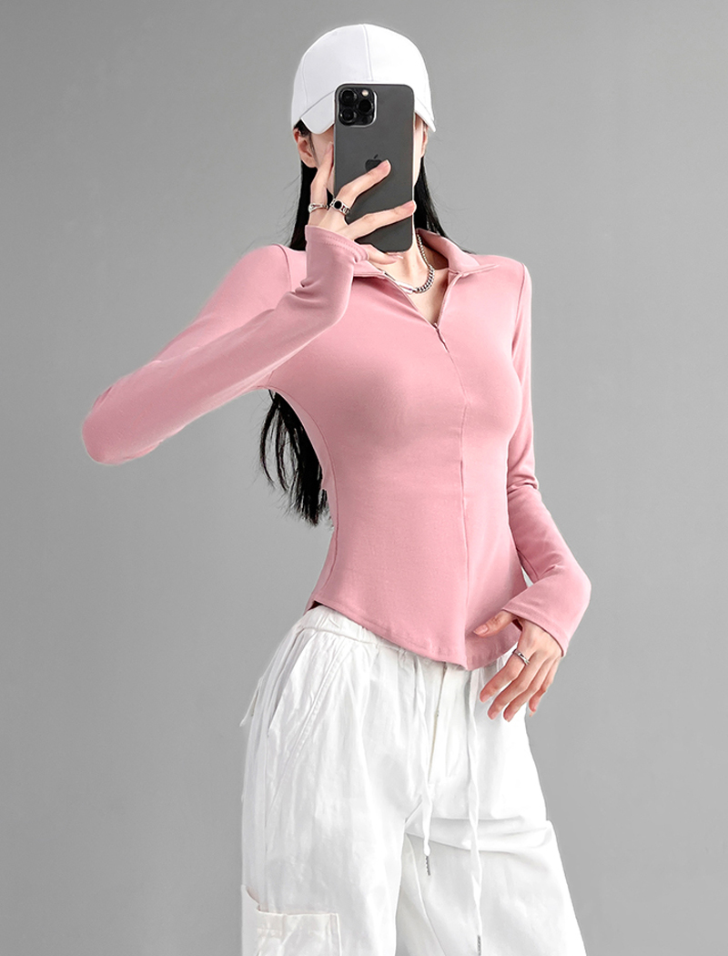 Stretch sports tops women 2024 new tight lapel T-shirt women Slim and thin sexy waist tops