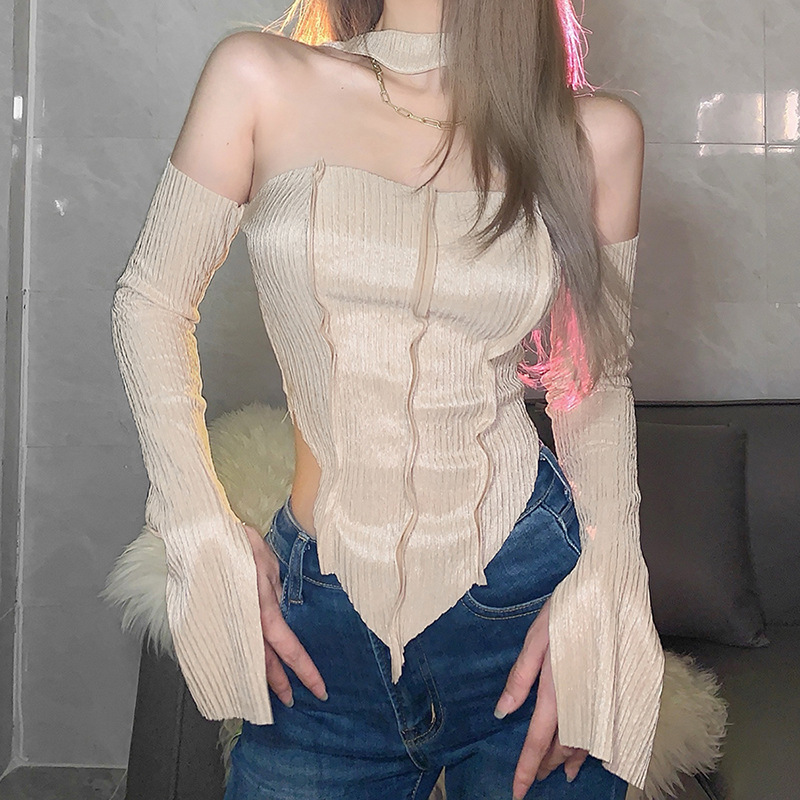 Designer Ins2024 Autumn/Winter New Women's Solid Color Personalized Design Chest Wrapped One Neck Off Shoulder Long Sleeve T-shirt