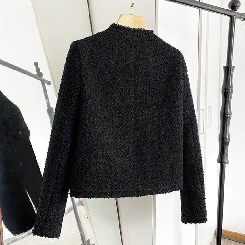 Rimocy Cropped Tweed Jacket Women Korean Fashion Round Neck Single-breasted Jackets Woman Autumn Winter Long Sleeve Chic Coats 241031