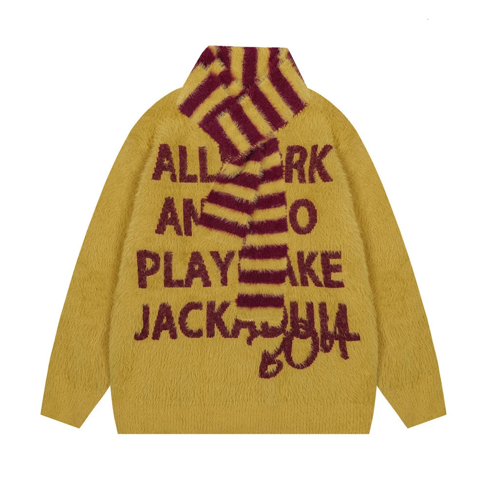 Autumn and Winter Thick Mink Letter Jacquard Round Neck Sweater with Scarf Mens Trendy Mohair Casual Knitted 241031