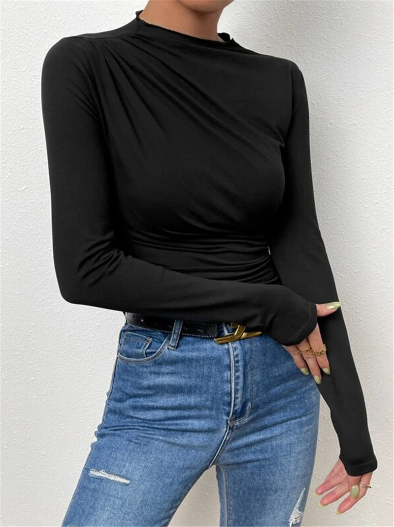 2024 Solid color slim fit bottom sweater with versatile pleated design, long sleeved T-shirt, women's top