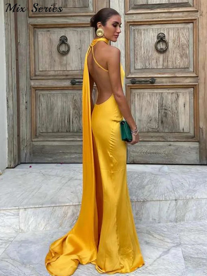 Sexy Satin Ribbon Halter Party Dress Women Elegant Backless Off Shoulder Sleeveless Dresses 2024 Summer Famale Solid Robes 241030