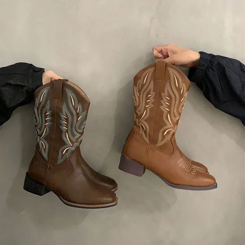 Lanjia Retro Style Embroidery Women Western Cowgirl Boots Fashion Zippers Mid Calf Booties Square Heels Autumn Winter Shoes B Ce E