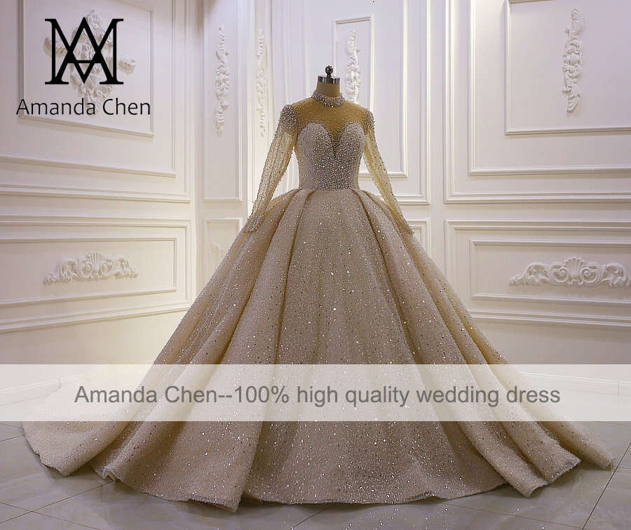 mariage High Neck Long Sleeve Handwork Crystal Pearls Wedding Dress