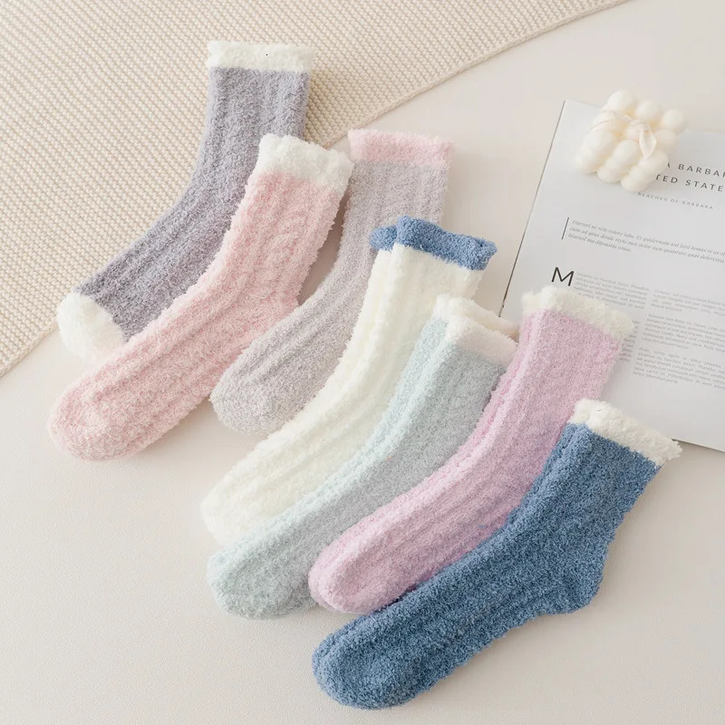 4 Pairs Women Winter Warm Fuzzy Socks Thick Thermal Solid Soft Fluffy Socks Cute Fashion Slipper Home Floor Sleeping Socks 241031