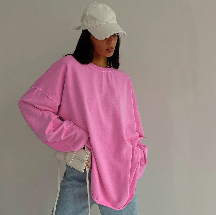 Designer's pink loose elastic round neck long sleeved pullover street style T-shirt 2024 new autumn fashion women's top