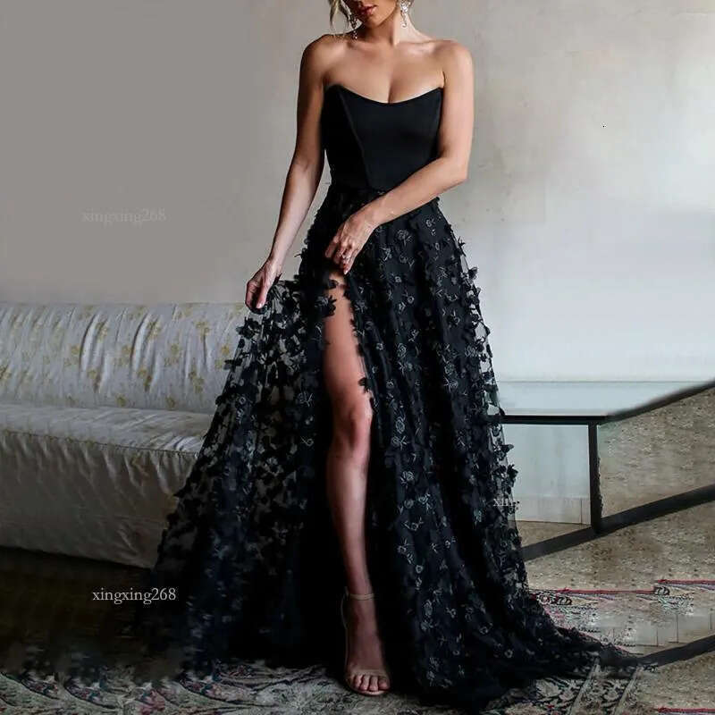 Casual Dresses Women's 3D Embroidered Tube Top Mesh Sexy Elegant Tulle Floral Back Tie Hem Slit Prom Formal Evening Dress Maxi