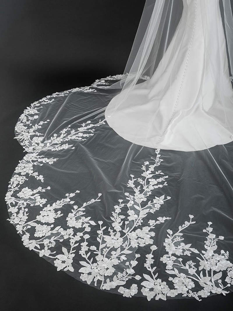 Customized Classic Wedding Veils Appliques Lace One Layer Cathedral Length Bride Veil Applique Edge With Comb Bridal Accessories