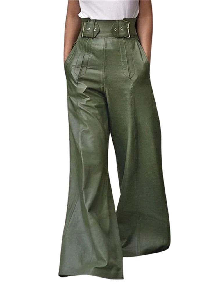 PU Leather Solid Women Long Pant High Waist Wide Leg Lady Trousers 2024 Vintage Autumn Pleated Pockets Belt Female Streetwear 241031