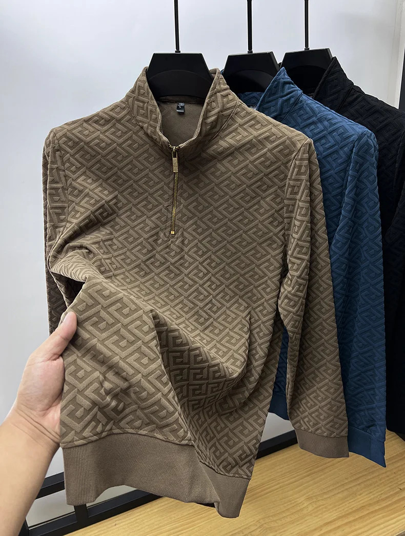 High end fashionable jacquard retro mens sweater casual trend for spring and autumn half zipper stand up collar sweater 241031