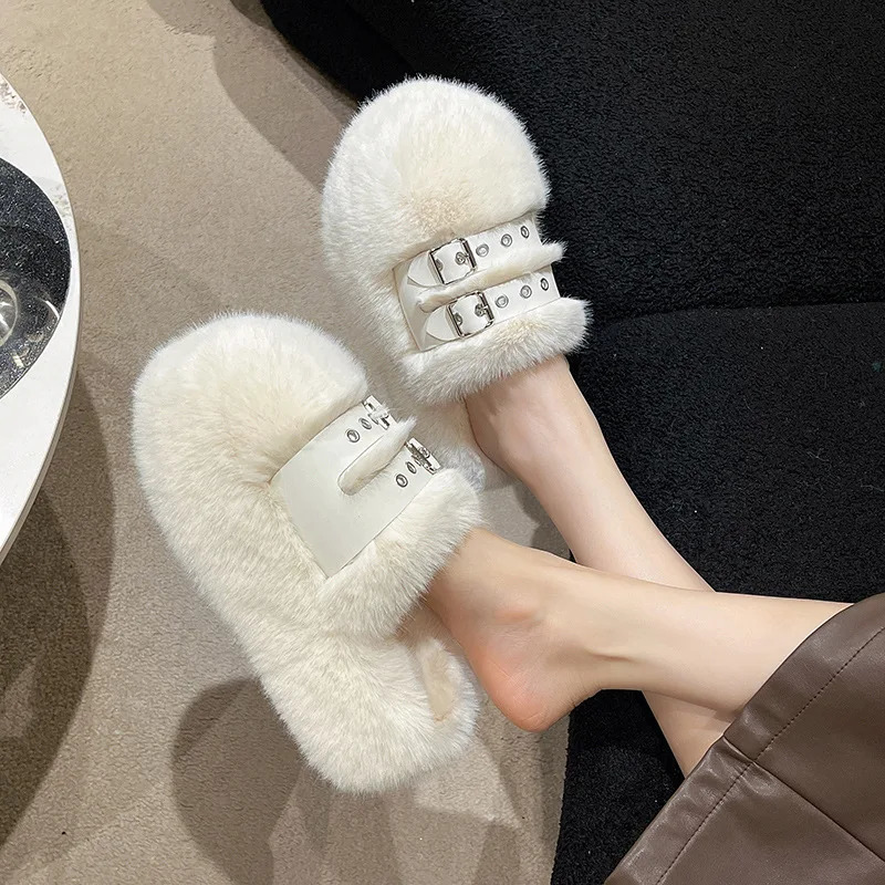 Womens Winter Home Thick Bottom Sliding Block Womens Leisure Sliding Block Fluffy Plush Lining Shoes Comfortable Indoor Sliding Block Size 34-40 24103