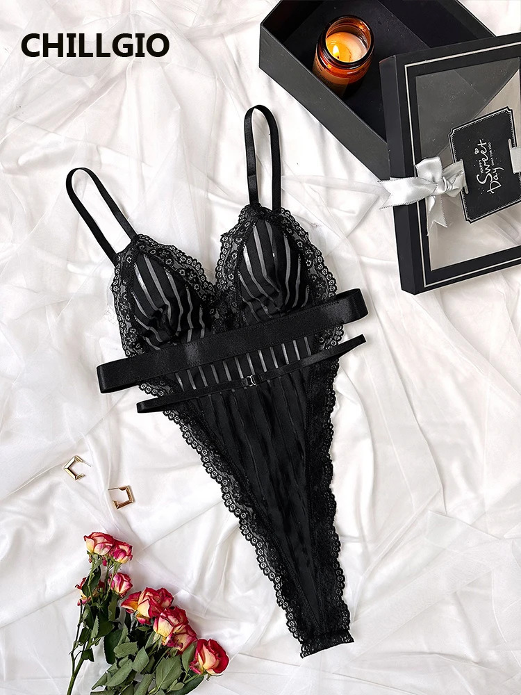 CHILLGIO Women One Pieces Stripes Catsuit Sexy Intimate Lingerie Onesie Chic Tight Strappy Romper Slim Transparent Mesh Bodysuit 241031