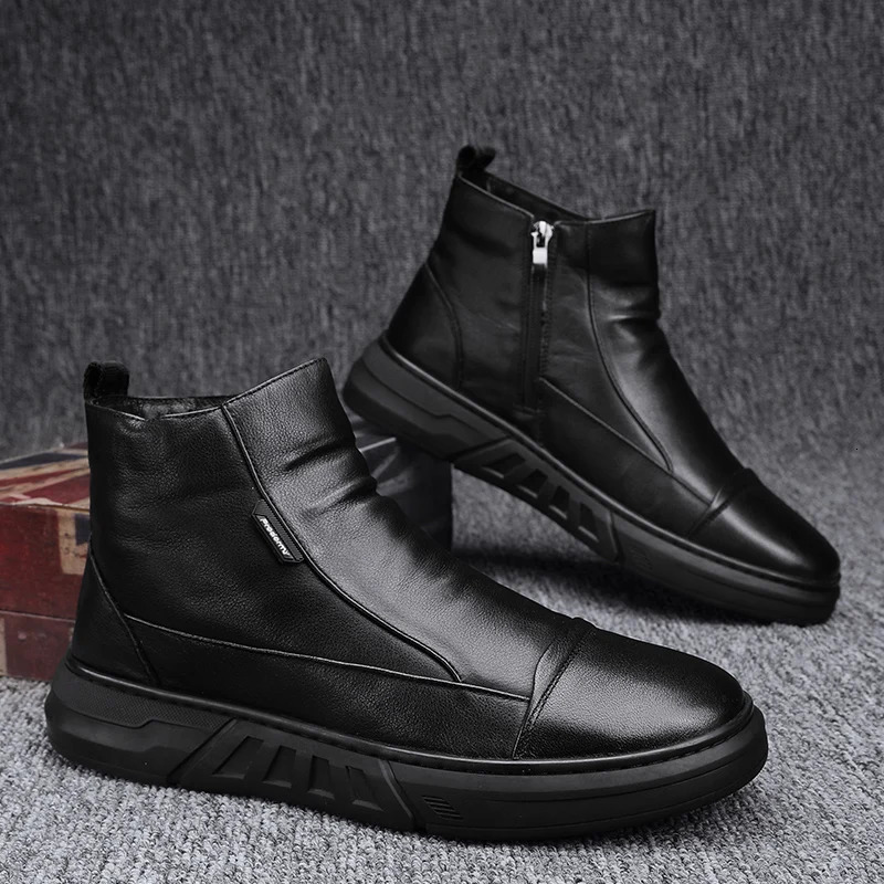Winter high-quality mens leather boots with zipper fashionable plush warmth mens ankle boots soft soled mens casual boots platform work boots 241031