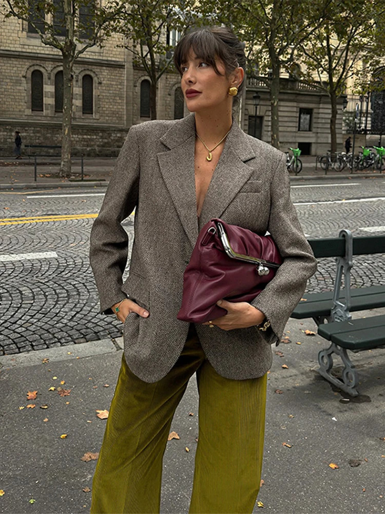 Herringbone Wool Tweed Women Suit Blazer Single Breasted Lapel Jacket Autumn Winter Formal Fashion Coat Lady Outwears 241031