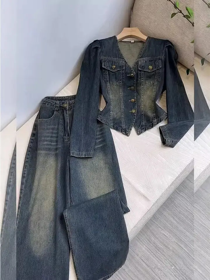 V-neck denim jacket wide leg jeans Trouser 2-piece set womens Y2k set retro autumn jacket loose pants 241030