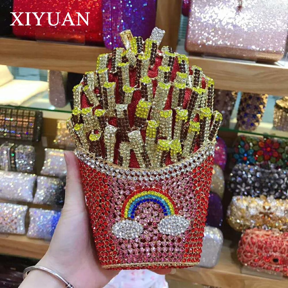 XIYUAN French Fries Shape Bg Crystal Clutch Purse Evening Bags Handbag For Women Wedding Party Dia Minaudiere Purses Gold