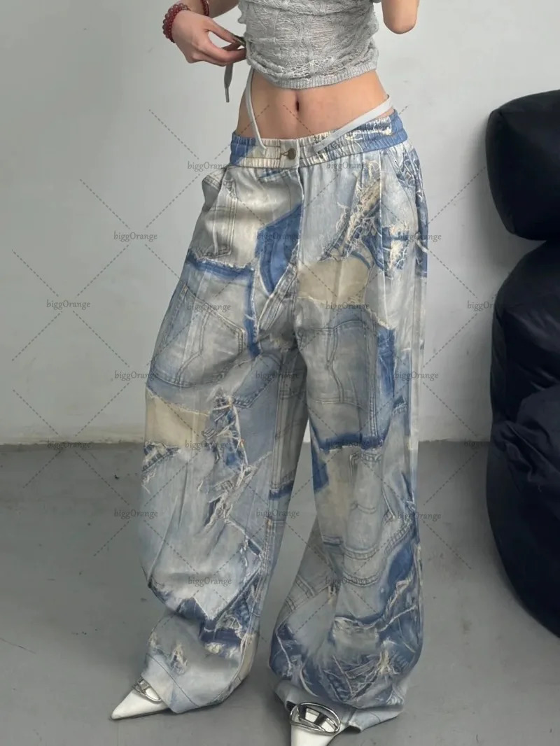 Y2K Harajuku Clothing Women American Street Retro Washed Baggy Jeans Trend Camouflage Distressed Wide-leg Straight Pants 241031