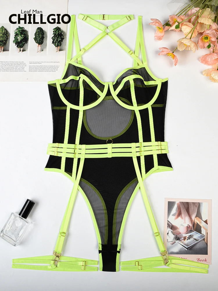 CHILLGIO Women Sexy Transparent Mesh Rompers Erotic One Piece Catsuits Ins Sleepwear Fashion Combination Tight Strappy Bodysuits 241031