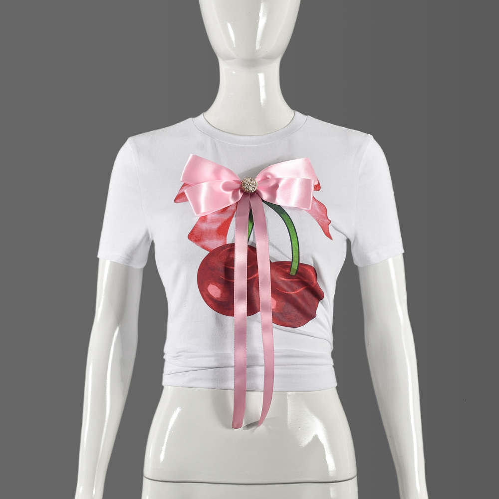 Designer Nazada 2024 Summer New Printed Round Neck Bow 3D Decorative T-shirt for Women
