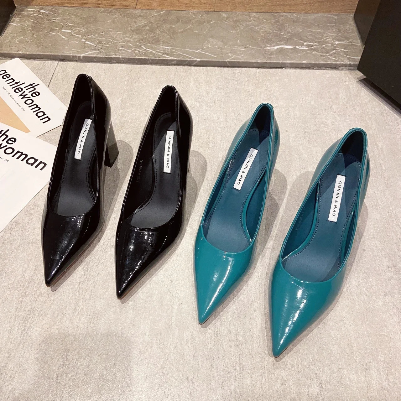 Women Shoes Patent Leather Slip-On Chunky Heels High Heels Women Temperament Pointed Toe Shallow Sexy Wedding Shoes Pumps 241031