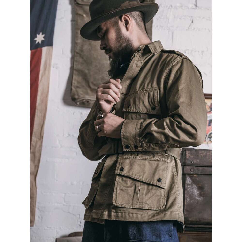 Red Bronson M1942 Paratrooper Jump Jacket Vintage Men's Cargo Outerwear Belted