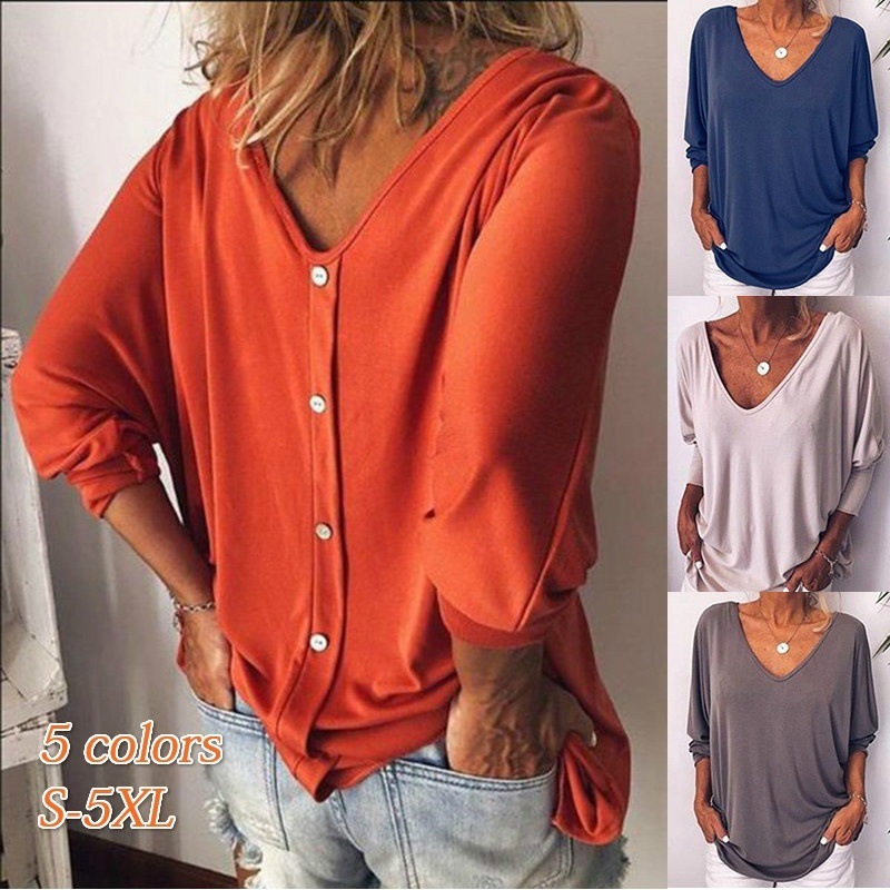 Designer Women's New Bat V-neck Three quarter Sleeve Back Button T-shirt Loose Top 309
