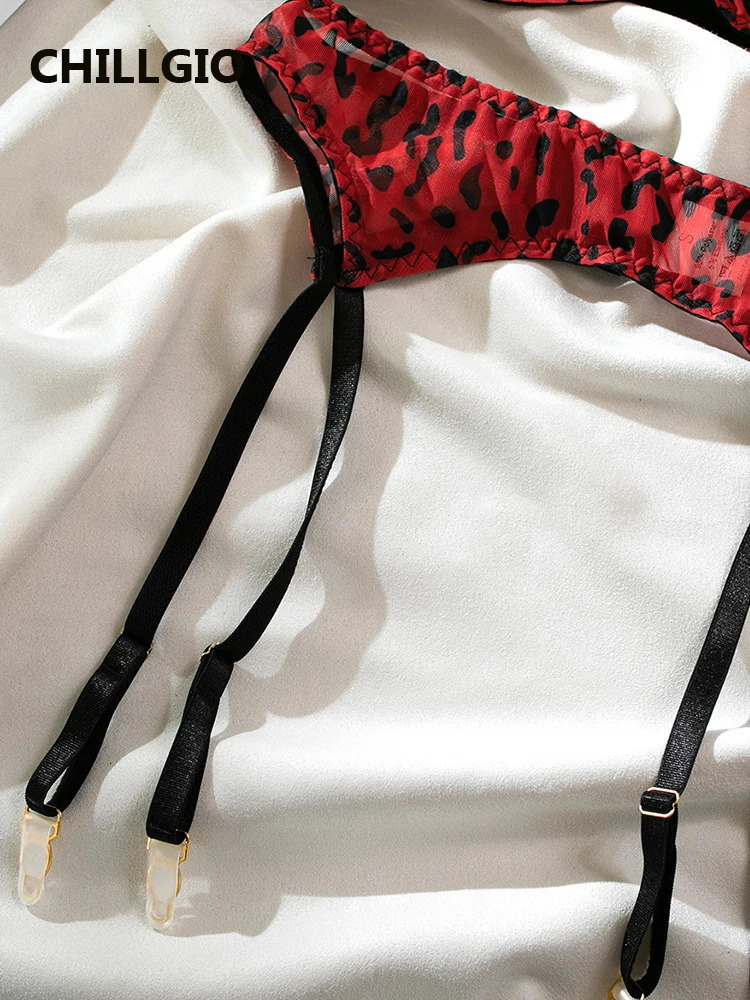 CHILLGIO Women Leopard Print Bra Brief Suits Fashion Erotic Mesh Underwire Underwear 4 Piece Transparent Lingerie Stockings Sets 241031