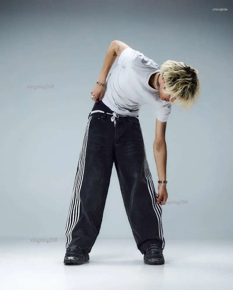 Men's Jeans Y2K Baggy High Quality Embroidered Striped Harajuku Sweatpants Men Women Hip Hop Streetwear Casual Wide Leg Denim Pants