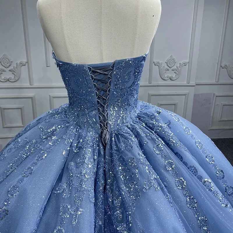 Sky Blue Shiny Off The Shoulder Quinceanera Dresses Ball Gown Sequin Lace Applique Beaded Tull Sweet 16 Vestido 15 De Anos