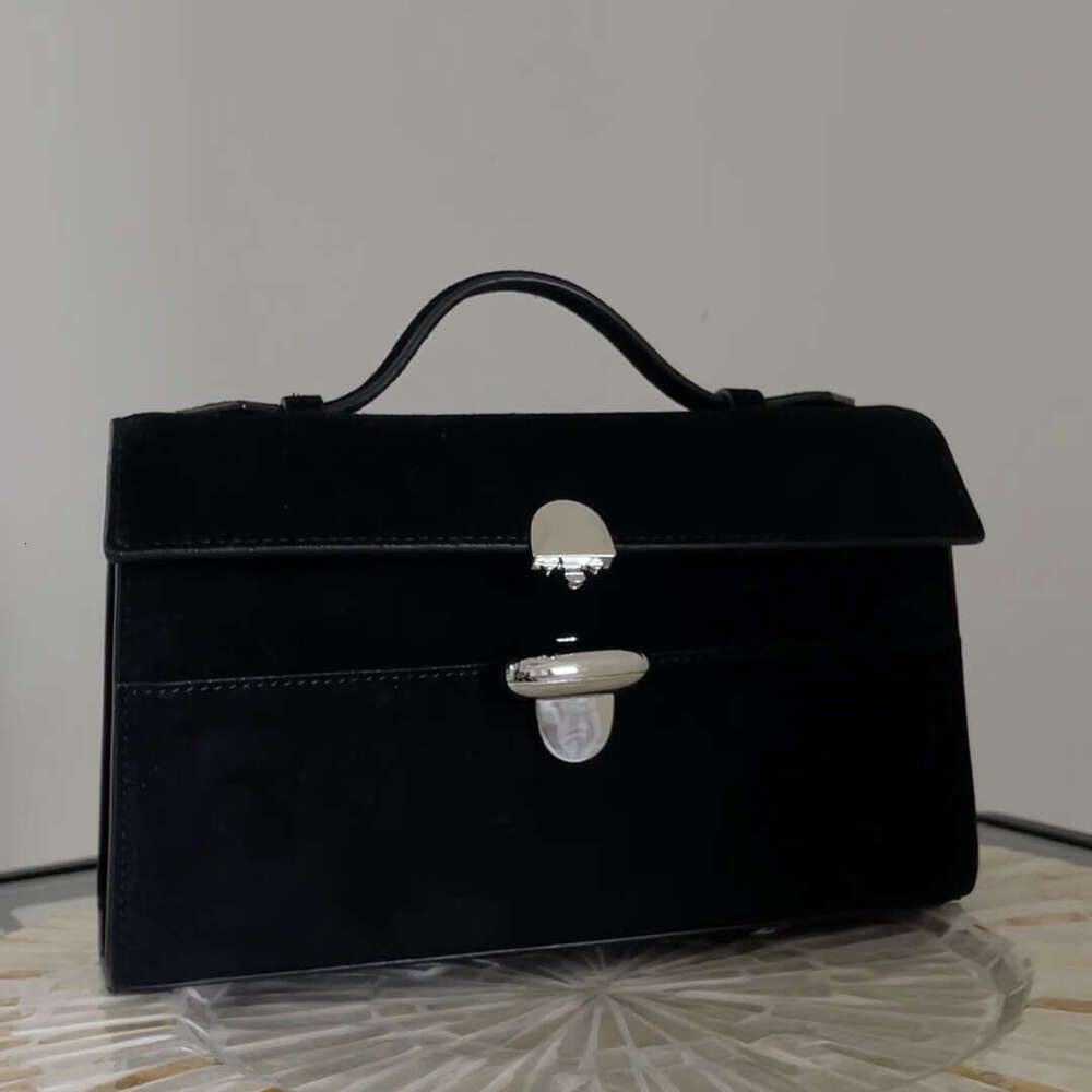 First-Layer Cowhide Vintage Handbag 25 Women Niche Design Black Suede Flip Clutch Genuine Leather Handheld Small Square Bag