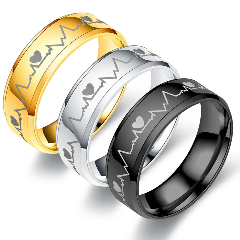 18K Gold Silver Titanium Steel Electrocardiogram Ring for Men Women Stainless Steel Couple Lovers Ring Jewelry Gift for Boyfriend Girlfriend Birthday 