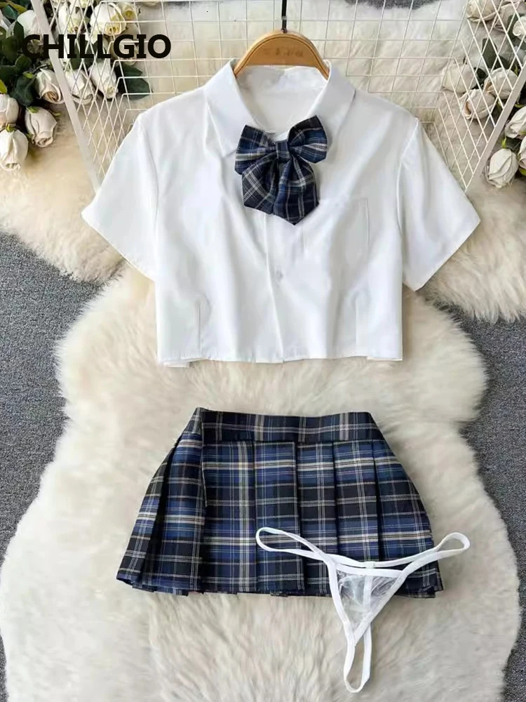 CHILLGIO Women sweet Plaid Pleated Skirts Suits Fashion Preppy Style Bow Tie Short Sleeve Shirt A Line Skirt Sexy Pajamas Set 241031