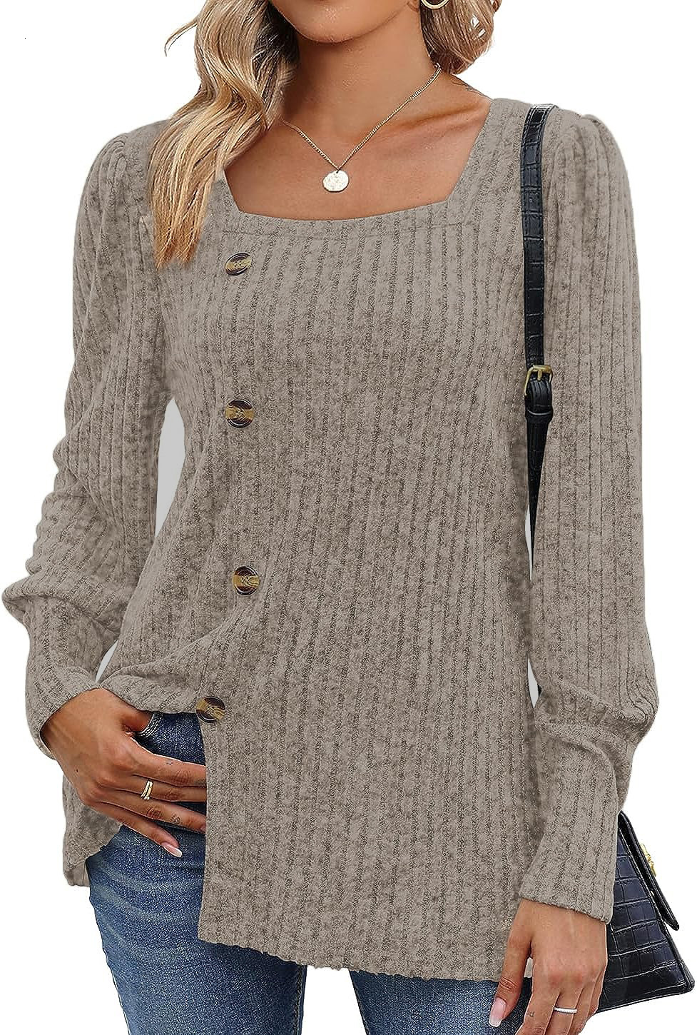 Designer's autumn and winter new item with buckle square collar long sleeved solid color t-shirt women's clothing