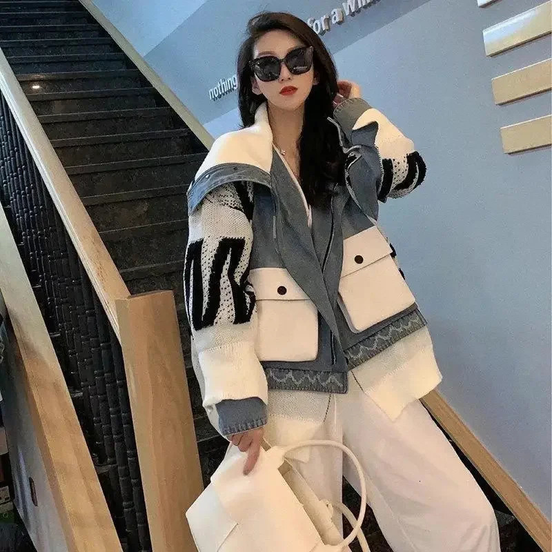 Womens Knitted Splicing Denim Jacket Autumn/Winter Sailor Collar Zipper Jeans Sweater Splicing Jacket Open Pocket 241025