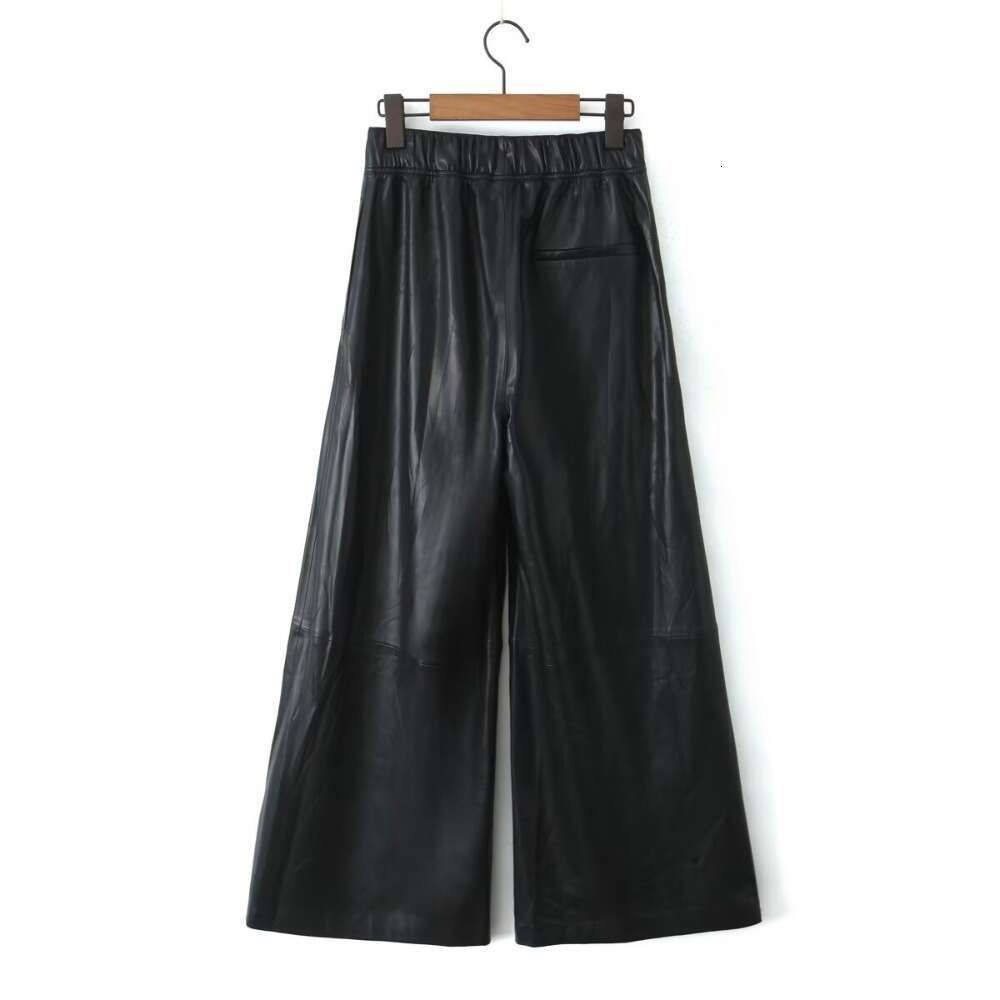 Aoaiiys Faux Leather Women Black Casual Fashion Autumn Winter PU Pants With Belt Chic Female Pockets High Waist Trousers