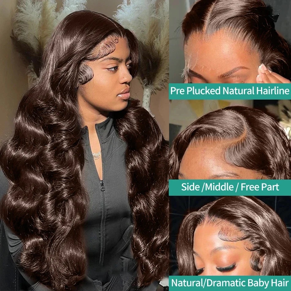 40 Inches 200% Chocolate Brown 13X6 HD Front Human Hair Wigs Body Wave Brazilian Colored Lace Frontal Wig For Women