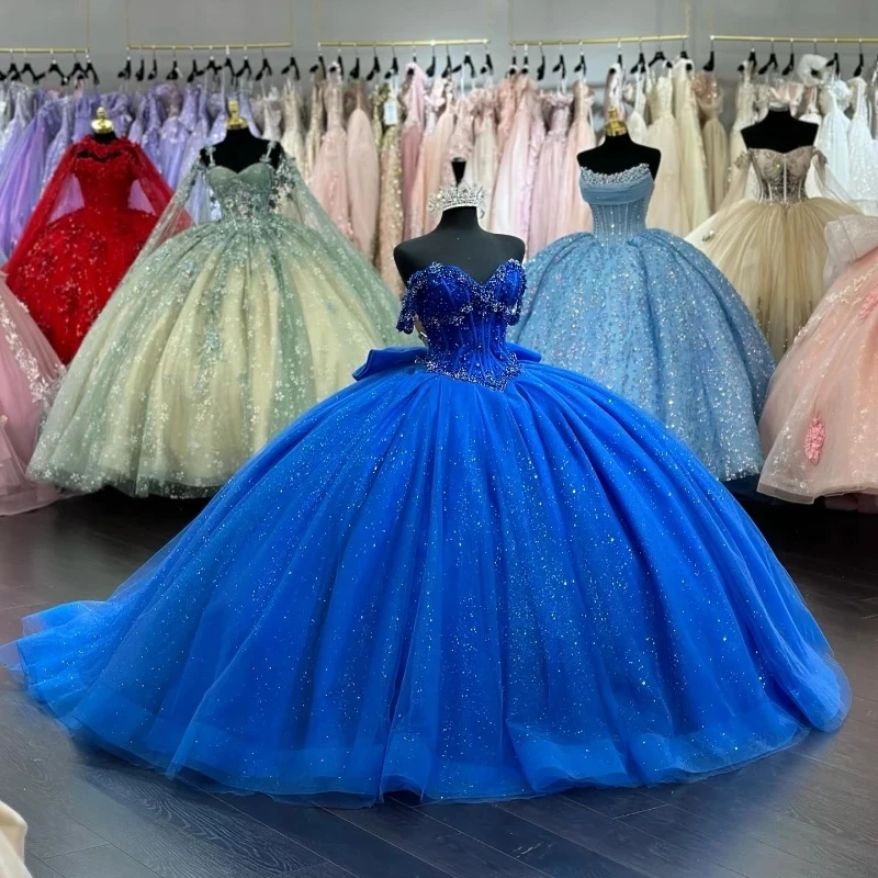 Royal Blue Shiny Ball Gown Quinceanera Dresses Lace Beads Bow Tull Off Shoulder Party Birthday Princess Sweet 16 Years Vestidos 15 De XV Anos