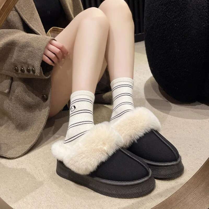 2024 New Leather Women Fashion Winter Indoor Solid Color Suede Fur Slippers Ladies Home Platform Warm s Slip-on Women's Shoes