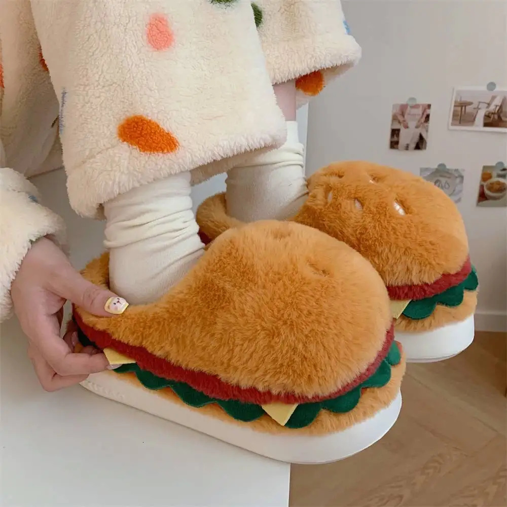 fun hamburger slippers women man winter fluffy room warm shoes fur slides fuzzy indoor half shoes Easter bread slipper 44 45 241031