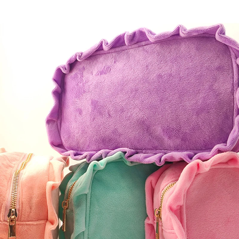 Ruffle plaid makeup bag pink/purple striped storage bag womens makeup bag with zipper crystal velvet travel makeup bag 241031