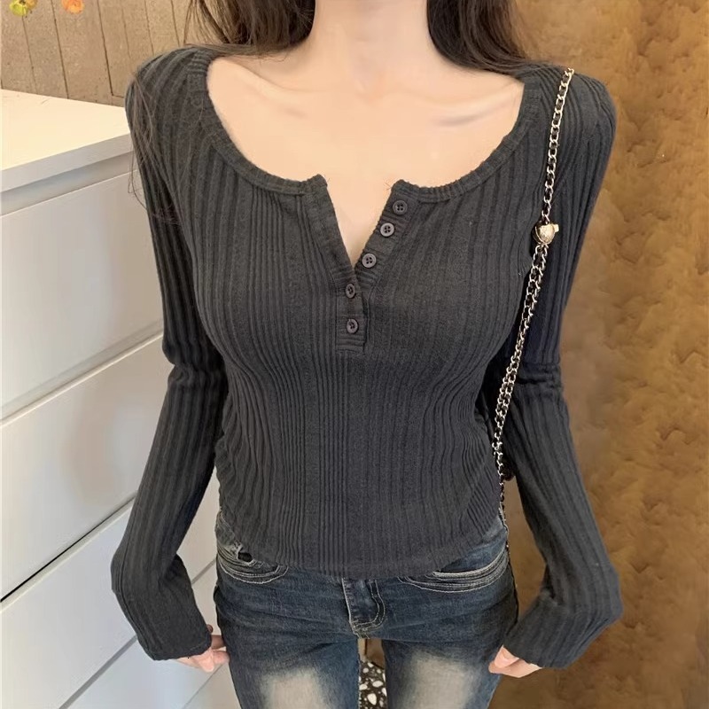 Designer Spring and Autumn Women's New BM Spicy Girl Style Slim Fit Pit Button Half Open Collar Long Sleeve T-shirt Top