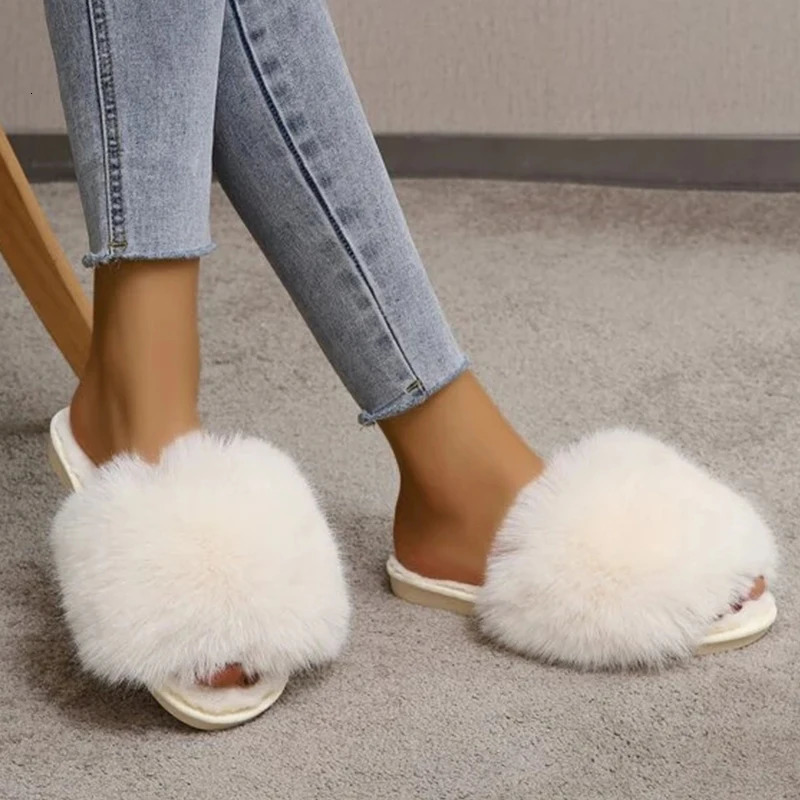 Womens Slippers Winter Simple Words Fur Apartment Soft Home Womens Slippers Artificial Fur Warm Bedroom Casual Womens Shoes 241031