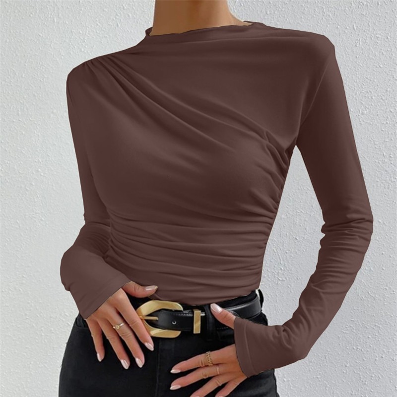 Designer 2024 solid color slim fit base shirt versatile pleated design sense long sleeved T-shirt women's top
