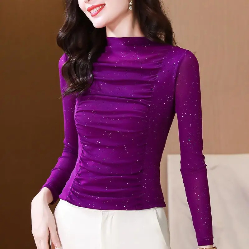Simplicity Autumn Winter Womens Mock Neck Solid Bright Silk Pleated Korean Fashion Long Sleeve Loose Pullovers TShirts Tops 241031