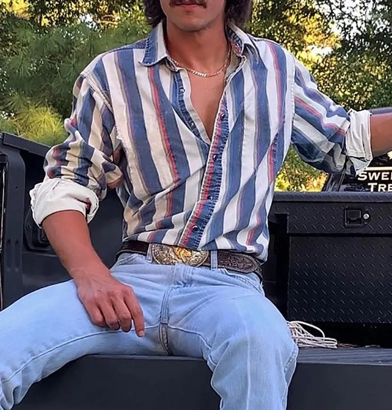 Men's casual shirts Summer Social Buttons Down Shirt Long Sleeve Western Cowboy Vintage Retro Printed Beach Clothing Men 2024 temperament versati