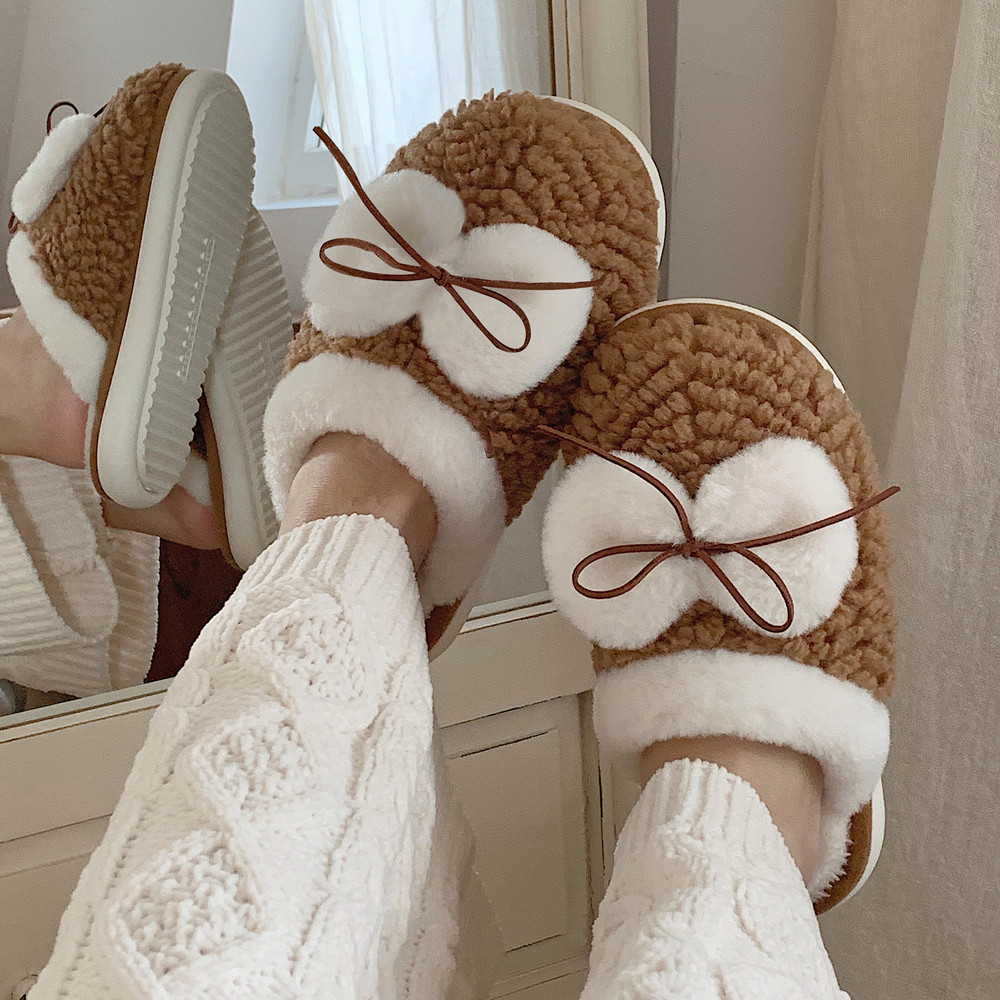 Bow Family Slippers Women Girls Cute fluffy winter warm plush indoor flats Bedroom slide casual women's cotton slippers