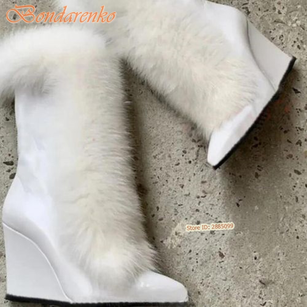 Fur Suede Wedges Pointy Toe Solid Mid Calf Lace Up Straps Boots Women Sexu Shoes Winter Party Designer New Style Fashion