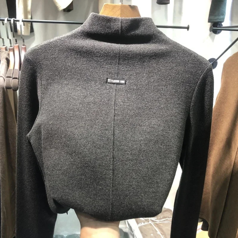 Harajuku half turtleneck Casual slim fleece Thick bottoming Tshirt autumn winter velvet Long Sleeve solid T Shirt Women y2k Top 241031