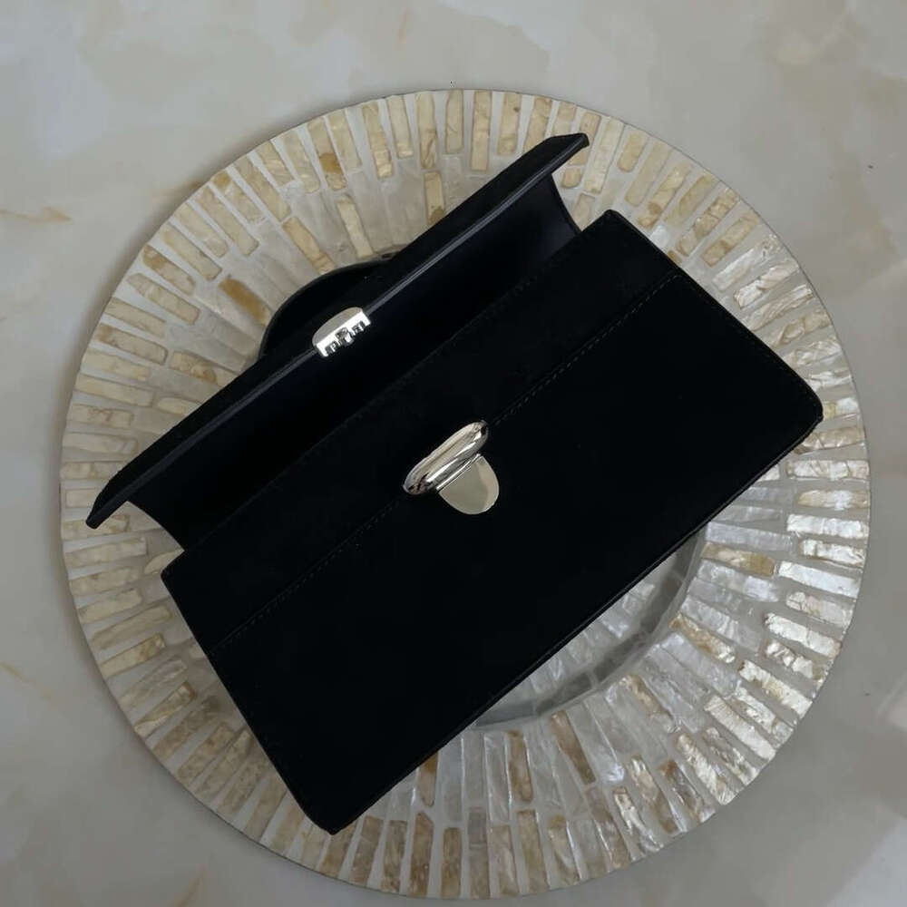 First-Layer Cowhide Vintage Handbag 25 Women Niche Design Black Suede Flip Clutch Genuine Leather Handheld Small Square Bag